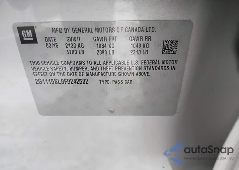 2015 Chevrolet Impala 1Lt from USA, damaged, VIN 2G1115SL8F9242502